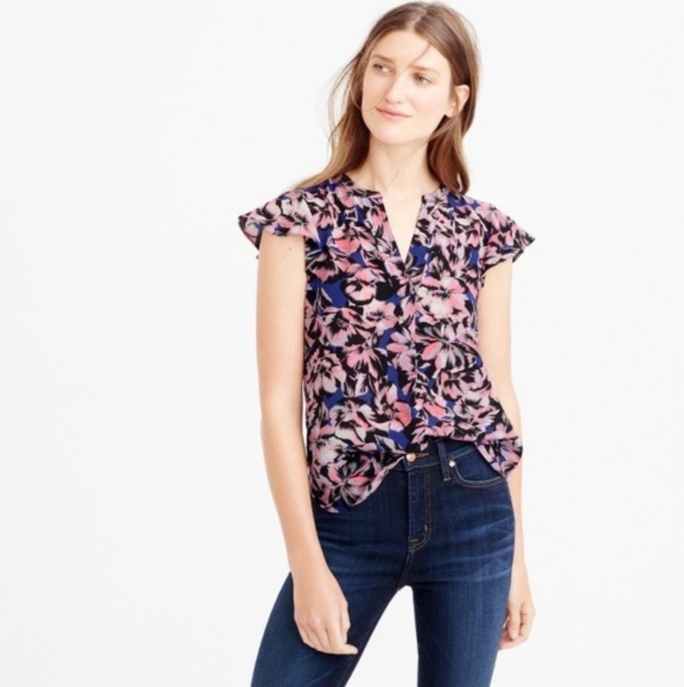 J. Crew flutter sleeve hibiscus top